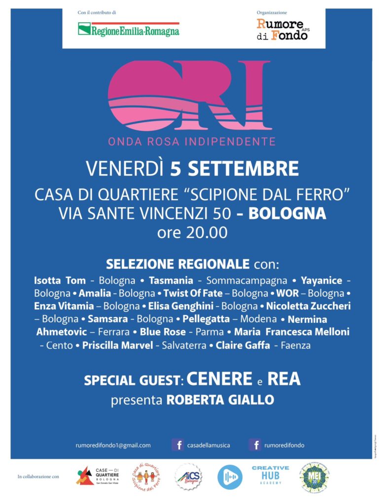 Locandina della seconda selezione di Onda Rosa Indipendente 2025 a Bologna con l’elenco completo delle artiste partecipanti, tra cui Pellegatta, Isotta Tom, Tasmania, Yayanice, Amalia, Twist of Fate, Enza Vitamia, Elisa Genghini, Nicoletta Zuccheri, Samsara, Nermina Ner, Blue Rose, Maria Francesca Melloni, Priscilla Marvel e Claire Gaffa.